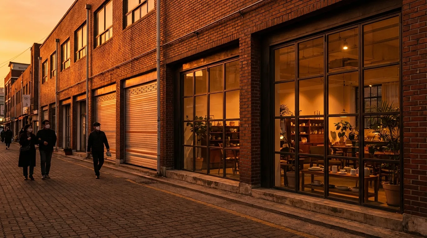 늦은 오후의 따뜻한 빛을 받은 성수동 골목과 공장 감성 건물들