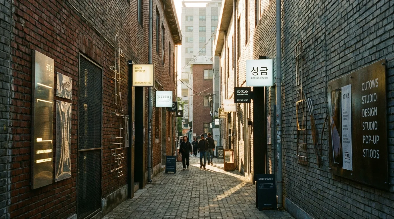 성수동 벽돌 건물과 공장형 골목이 이어지는 산업 감성 산책 장면