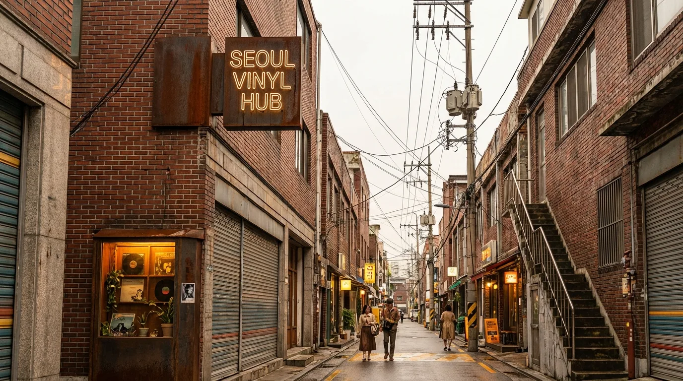 Seongsu street depth with layered industrial buildings and vintage signs
