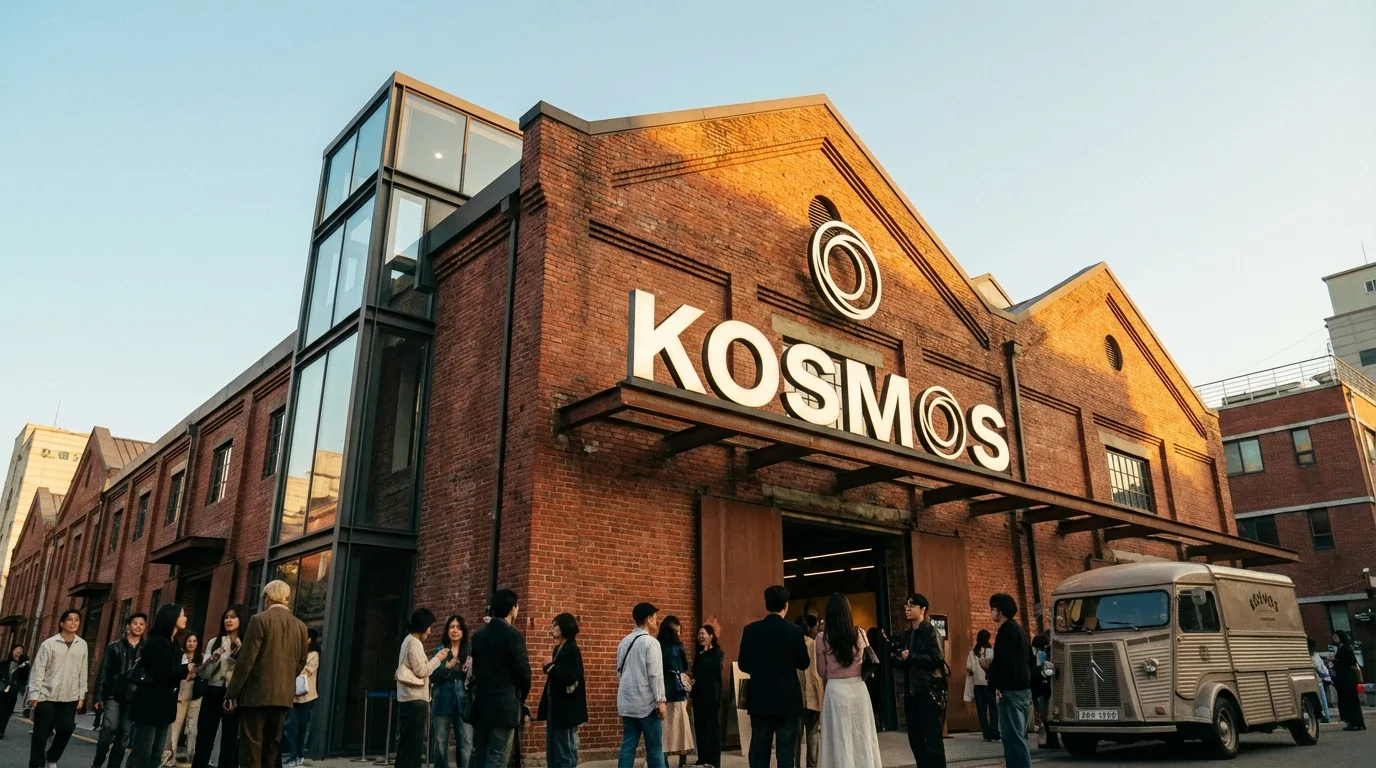 Modern Seongsu brand pop-up exterior set against industrial brick and factory-style architecture