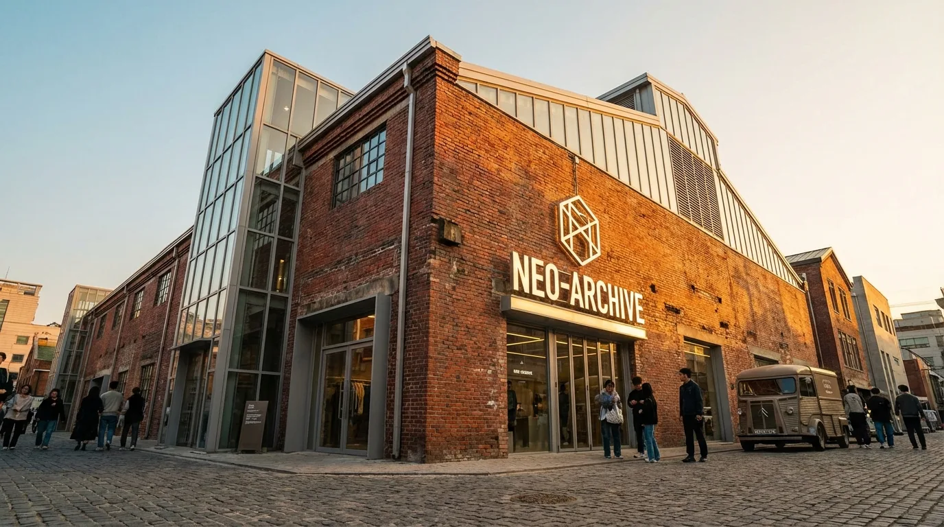 성수동 산업적 외관 위에 현대적 브랜드 디자인이 얹힌 팝업 스토어 건물 전면