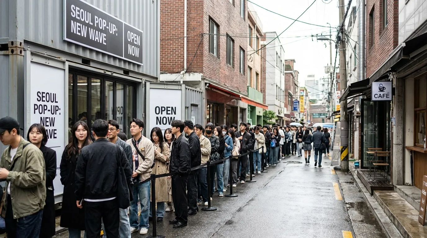성수동 인기 팝업 스토어 앞에 주말 대기 줄이 길게 늘어선 장면
