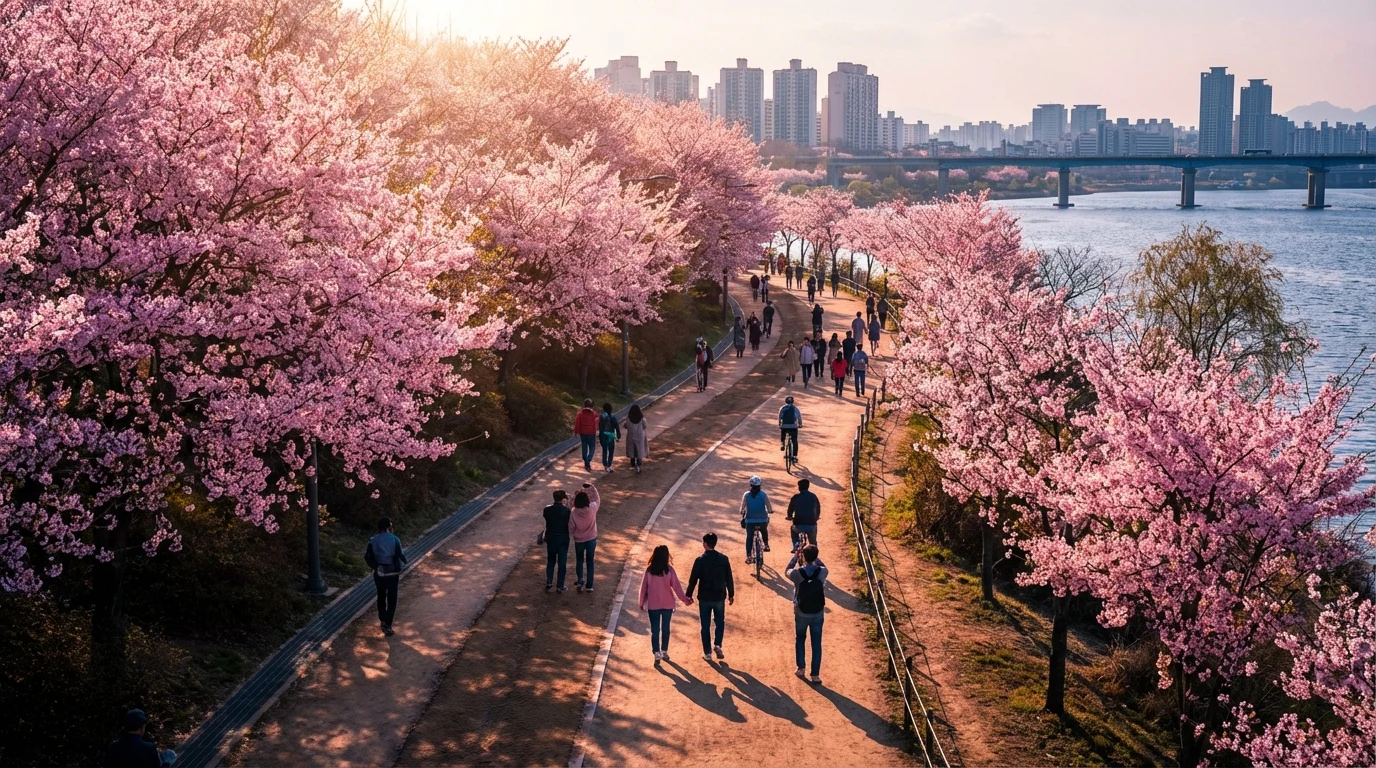 Seoul blossom walking route with a steady trail rhythm and layered spring color