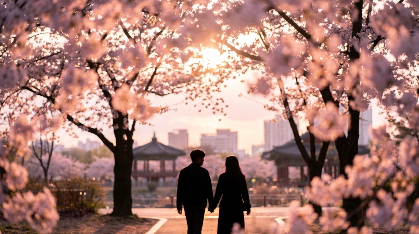 Couple photo scene under Seoul cherry blossoms with the spring path still visible