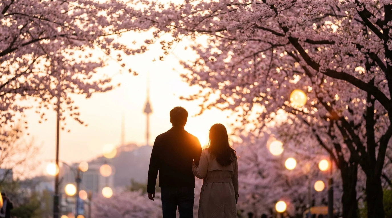 벚꽃 아래 두 사람의 거리감이 자연스럽게 살아나는 서울 봄 데이트 스냅