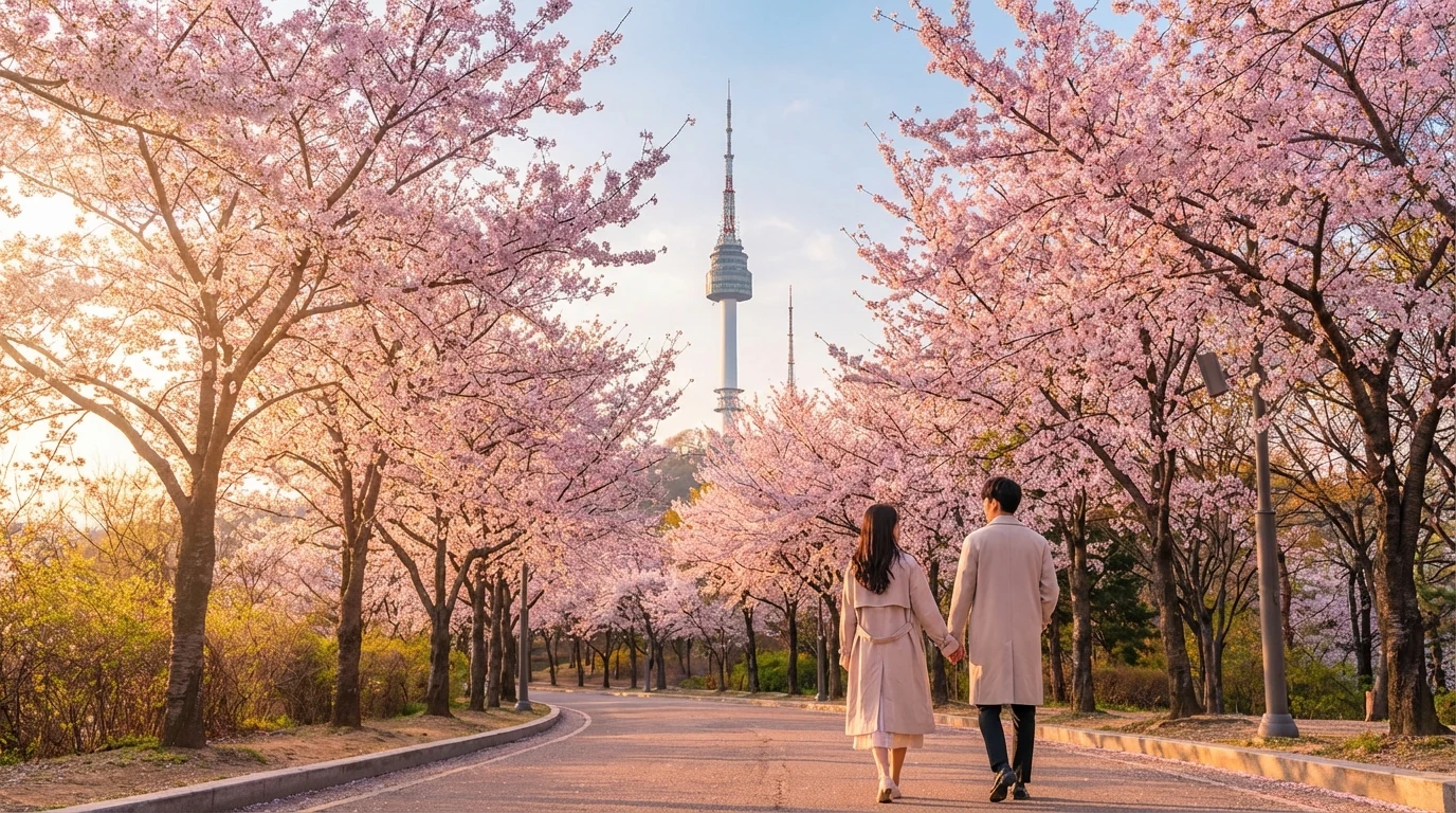 보행로 폭과 벚꽃 간격이 안정적인 서울 봄 산책 사진 구도