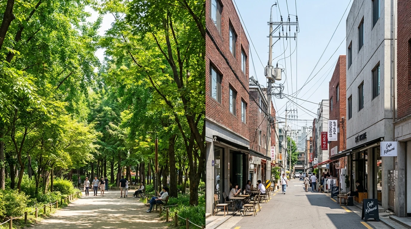 Route mood shifting from Seoul Forest park space toward the street texture of nearby Seongsu