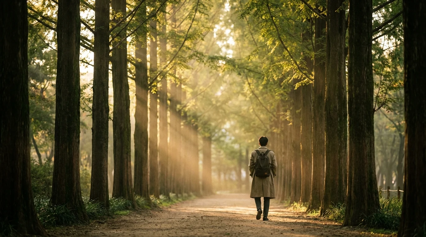 Balanced walking path in Seoul Forest with trees, open lawn, and natural photo flow