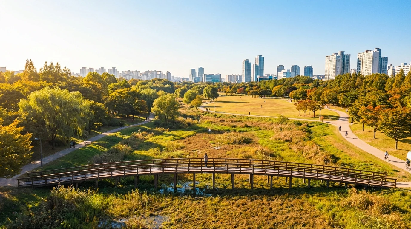 공원의 여백과 거리감이 살아나는 서울숲 산책 스냅 구도