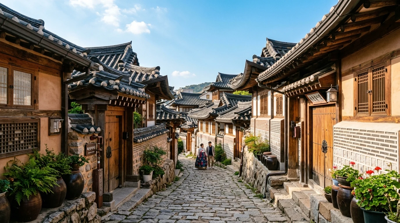 기와 지붕선과 오르막 골목이 겹치는 북촌 한옥마을의 전통 서울 사진 장면