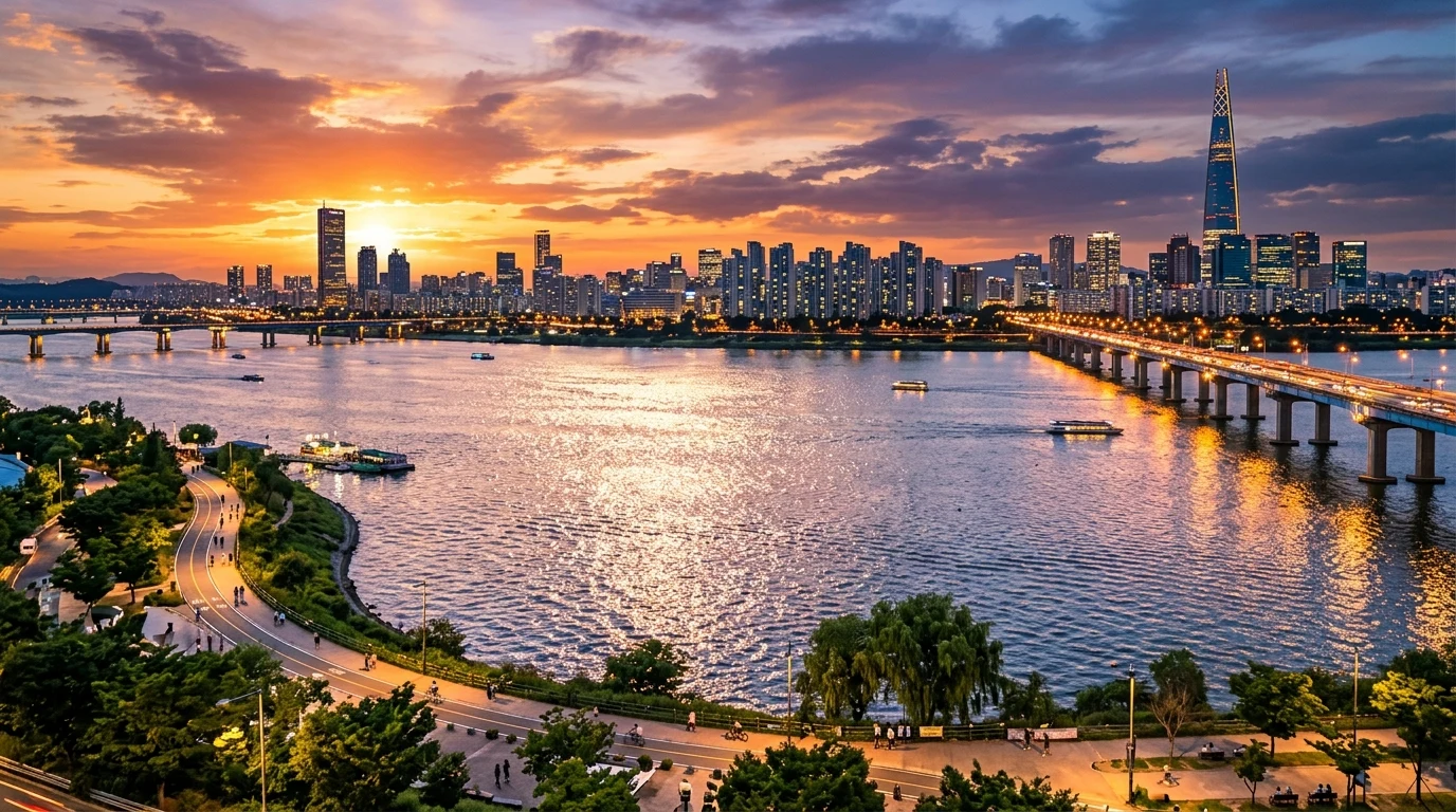 Han River park at sunset with open water, skyline light, and a wider Seoul outdoor photo mood