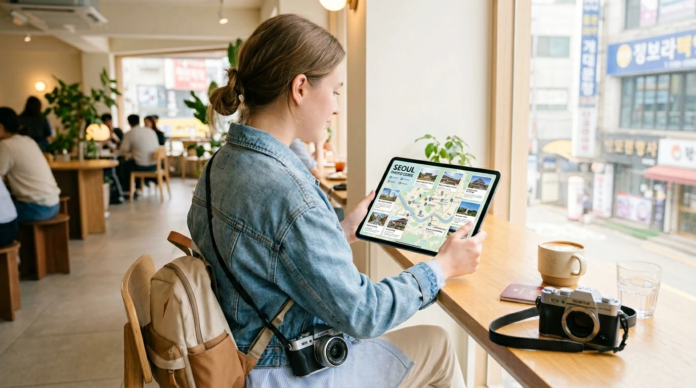 Traveler checking a Seoul photo map before choosing a first neighborhood route for the trip