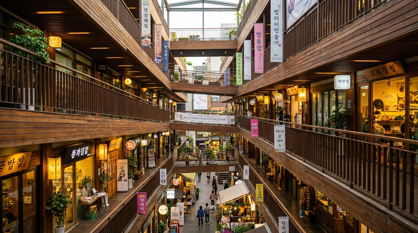 An upper-floor overlook inside Ssamziegil showing stacked levels and one of the strongest Insadong photo spots