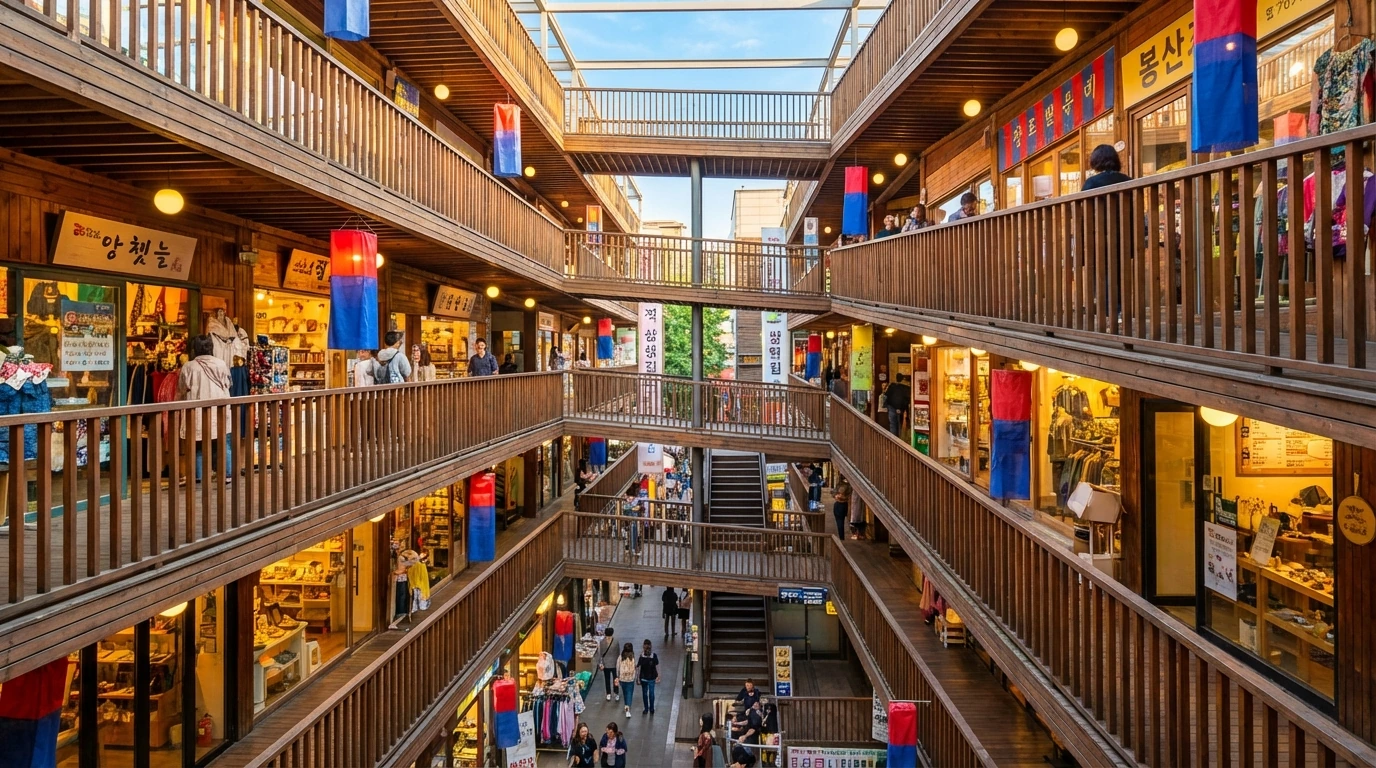 쌈지길 위층에서 내려다본 층별 구조와 상점 레이어가 겹치는 인사동 사진 명소