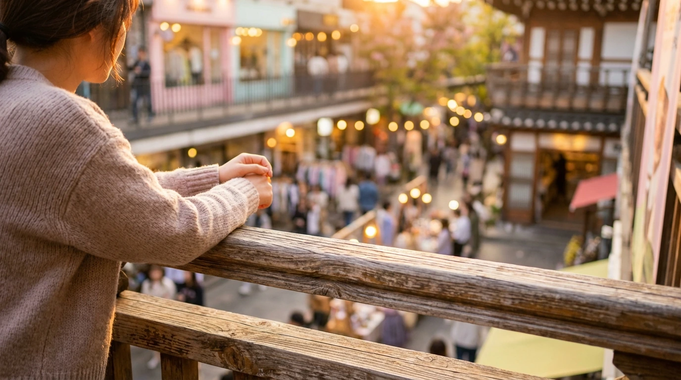 A railing view over Ssamziegil's courtyard that works well as an interior Insadong photo zone