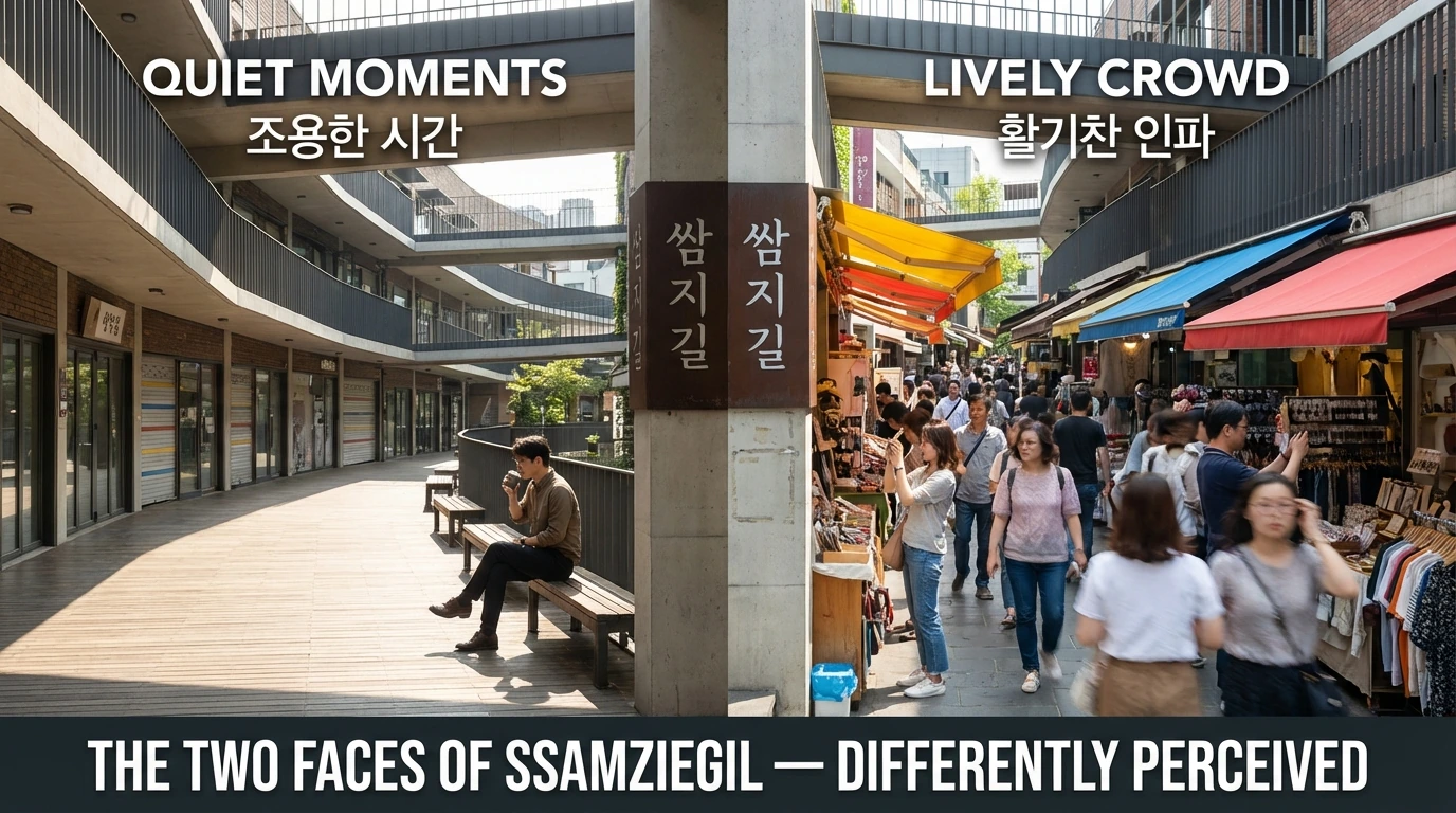 The contrast between crowded and quieter periods inside Ssamziegil as a practical Insadong travel tip