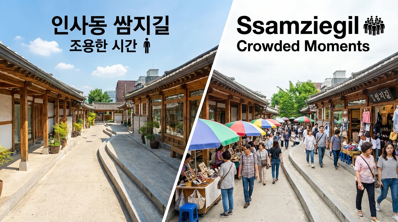 붐비는 시간과 한산한 시간이 대비되는 쌈지길 실내 분위기와 인사동 여행 팁 장면