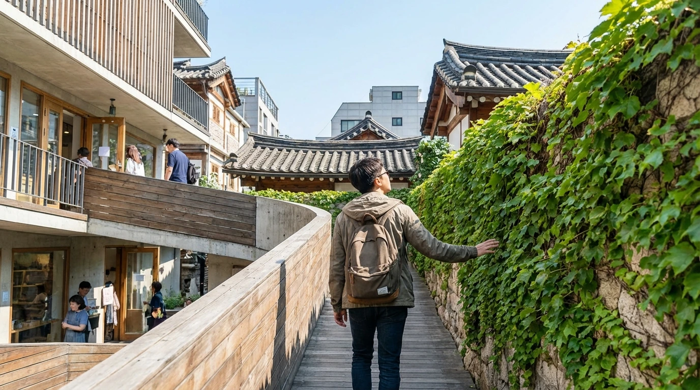 A recommended walking route along Ssamziegil's sloped path for an indoor Insadong visit