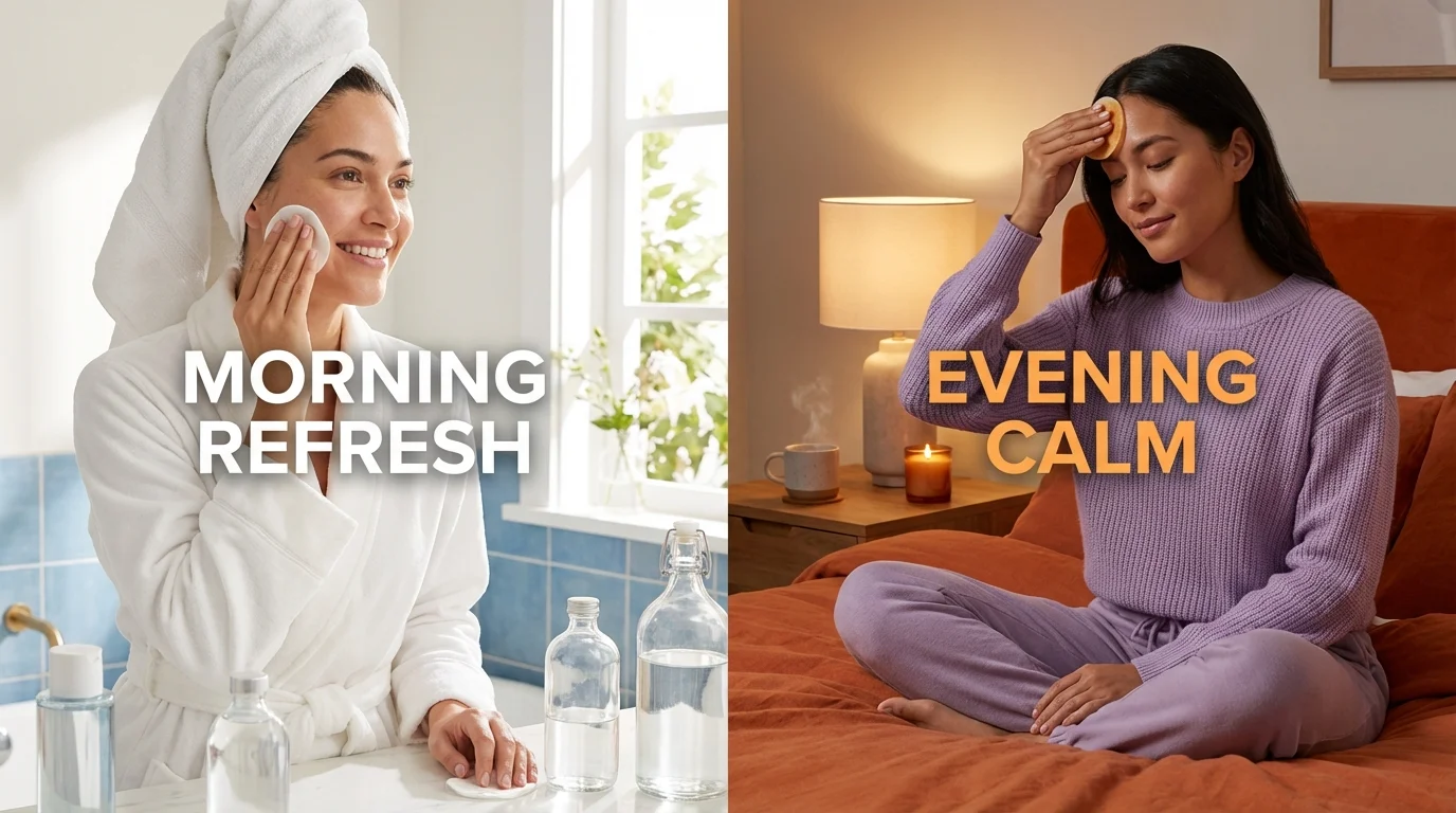 Morning and night skincare routine differences using toner pads for glass skin