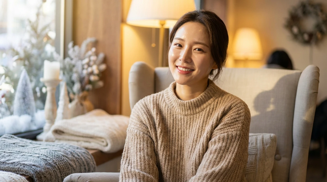 Smiling Korean woman in a knit with clear glowing winter skin