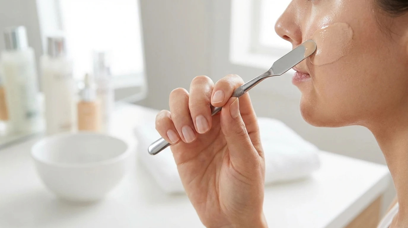 Applying a thin base layer with a spatula to prevent winter makeup from caking