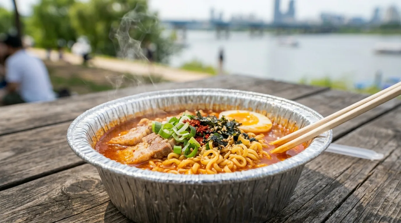 즉석 라면을 준비하는 여의도 한강공원 편의점 음식 구간