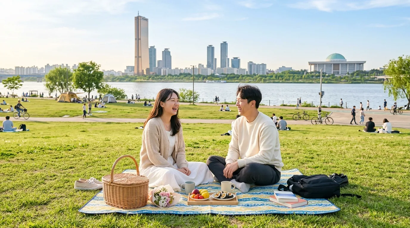 Young couple enjoying a picnic date at Yeouido Hangang Park in Seoul