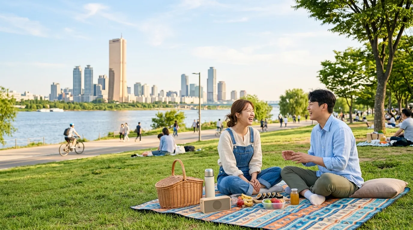 피크닉 데이트를 즐기는 커플이 보이는 여의도 한강공원 데이트 자리