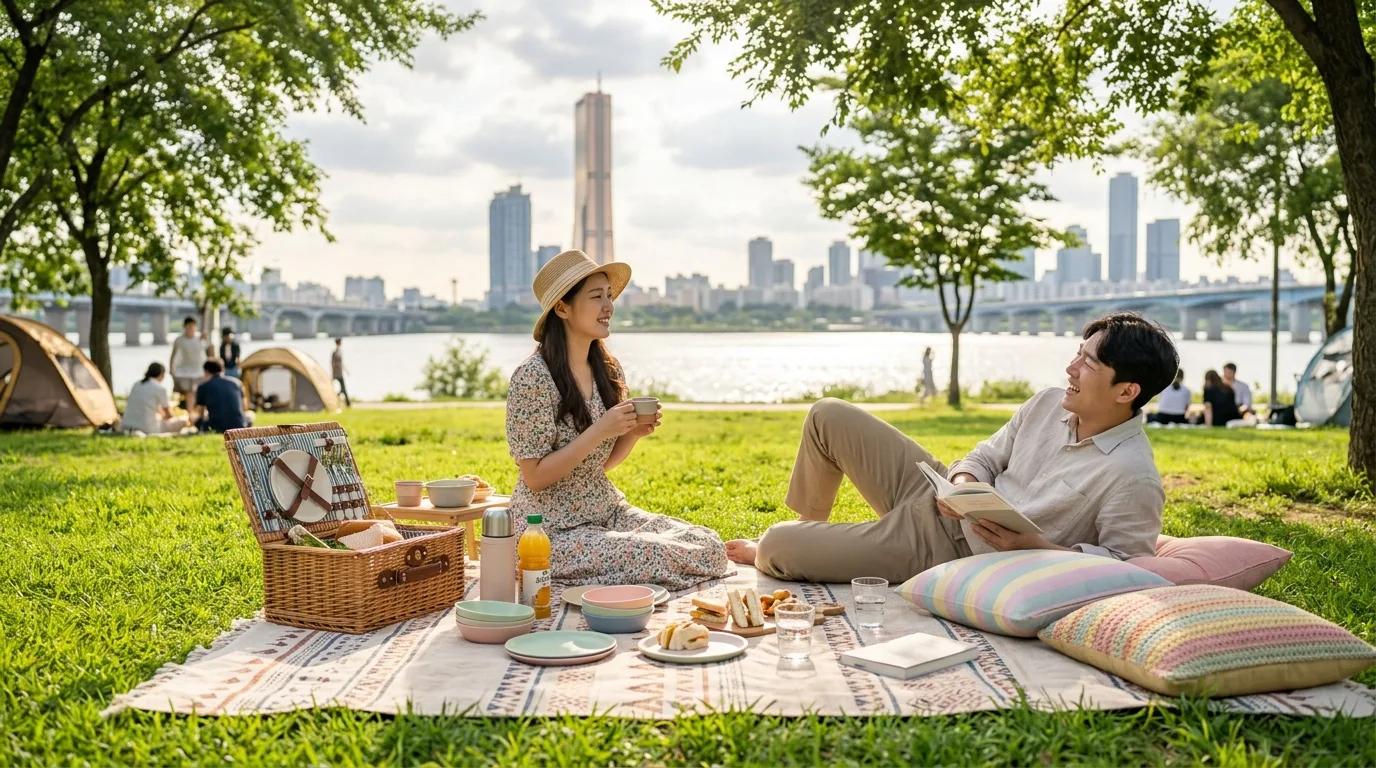 Picnic mat setup on open grass at Yeouido Hangang Park in Seoul