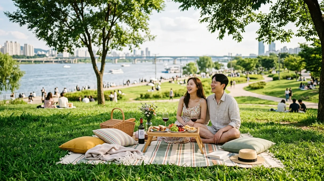 잔디 위 돗자리 세팅이 보이는 여의도 한강공원 피크닉 자리