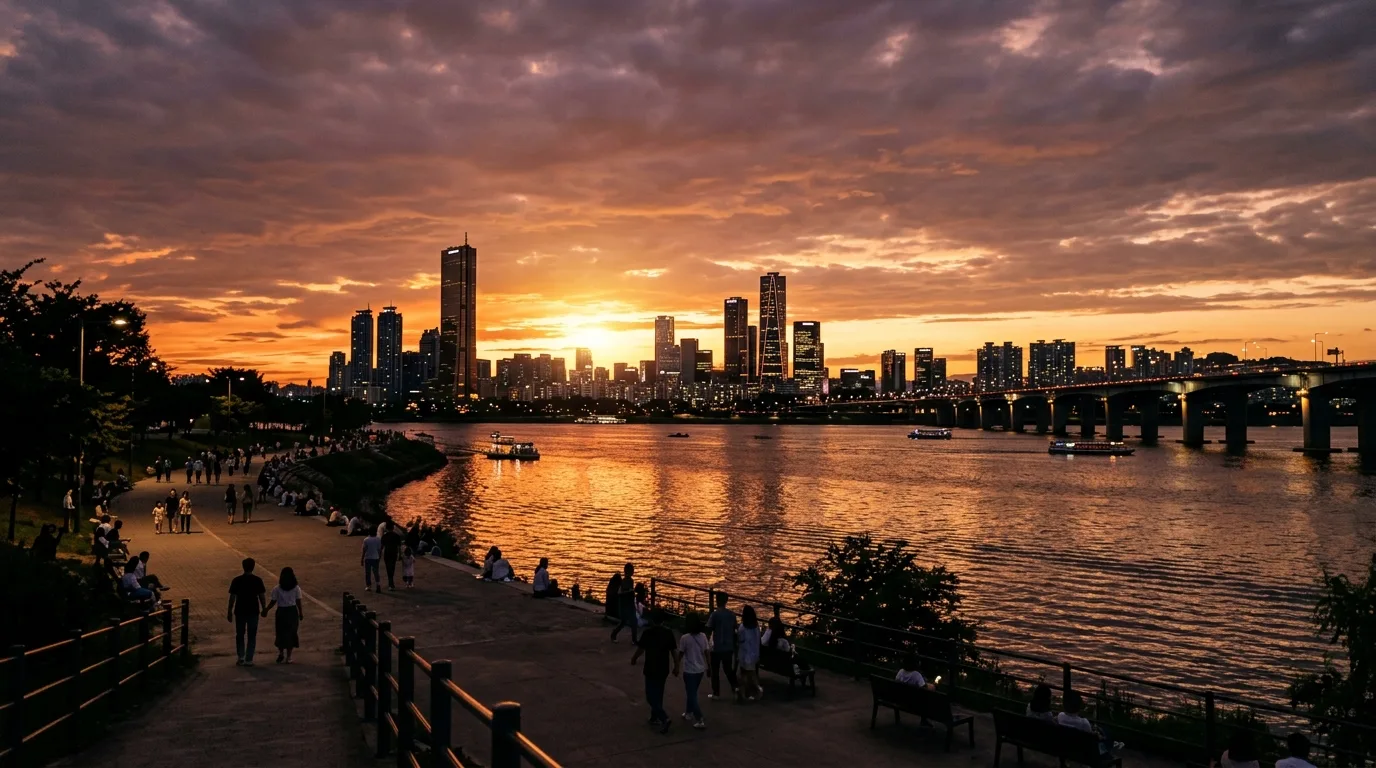 노을과 서울 스카이라인이 함께 보이는 여의도 한강공원 저녁 풍경